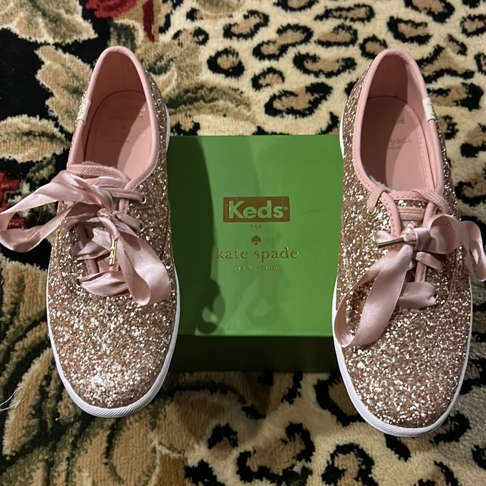KATE SPADE ROSE GOLD GLITTER KEDS SZ 7.5 NIB